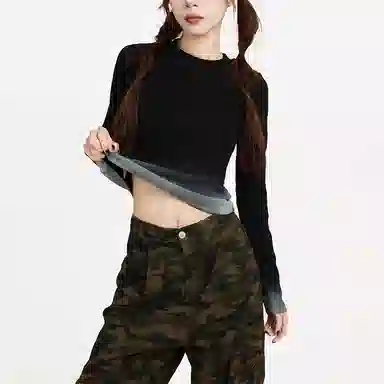 柏黛妃 渐变内搭修身短款圆领长袖针织衫 女 黑色