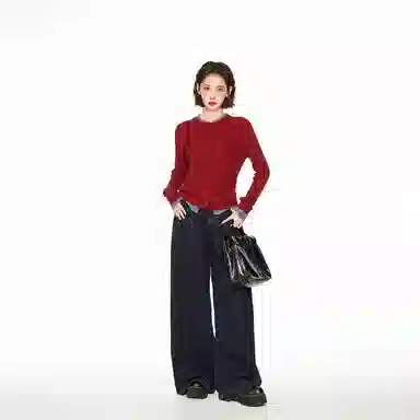 柏黛妃 假两件长袖短款打底针织衫 女款 红色