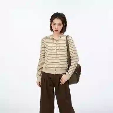 柏黛妃 条纹连帽长袖短款开衫针织衫 女款 燕麦色