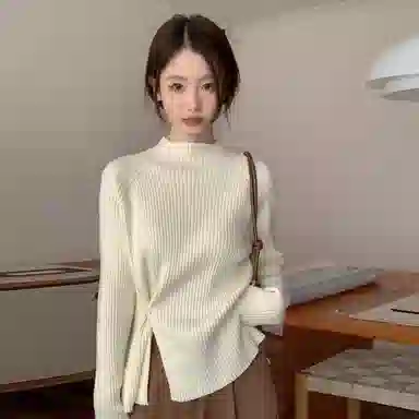 柏黛妃 打底开叉设计感针织衫 女款 白色