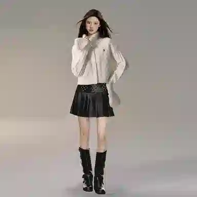 柏黛妃 麻花翻领加厚外穿短款针织衫 女款 白色