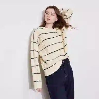 柏黛妃 条纹镂空小个子圆领长袖针织衫 女款