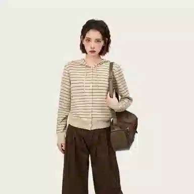 柏黛妃 条纹连帽长袖短款开衫针织衫 女款 燕麦色