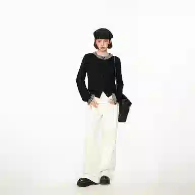 柏黛妃 假两件短款长袖打底针织衫 女款 黑色