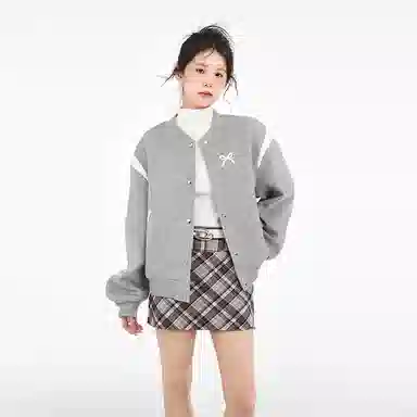 桴生 外套宽松开衫纯色与蝴蝶结棒球服上衣夹克 女款 灰色单品
