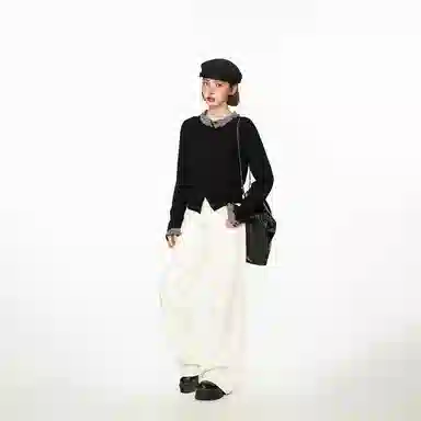 柏黛妃 假两件短款长袖打底针织衫 女款 黑色