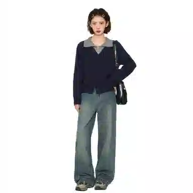 柏黛妃 假两件拼色翻领短款上衣开衫外套针织衫 女款