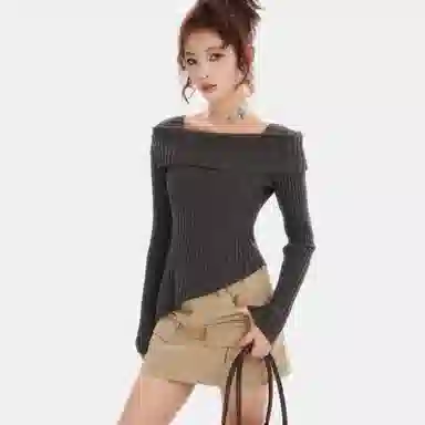 柏黛妃 纯色一字肩修身不规则短款针织衫 女款