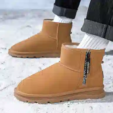 木林森 牛剖层革 保暖防滑 加绒加厚 经典百搭 短筒 雪地靴 男款