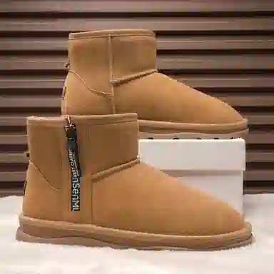 木林森 牛剖层革 保暖防滑 加绒加厚 经典百搭 短筒 雪地靴 男款