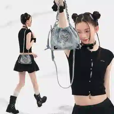 爱路喜 甜酷少女时尚 合成革 手提斜挎单肩包 中号 女款 流光蓝
