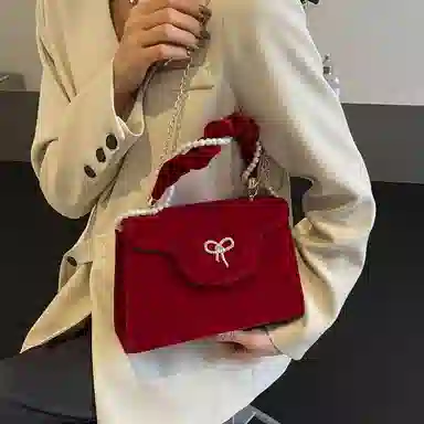 PINK·LAND Velvet Pearl Chain Bag Red