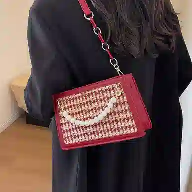 PINK·LAND Velvet Pearl Chain Bag Red