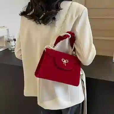 PINK·LAND Velvet Pearl Chain Bag Red