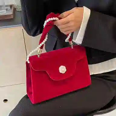 PINK·LAND Velvet Pearl Chain Bag Red