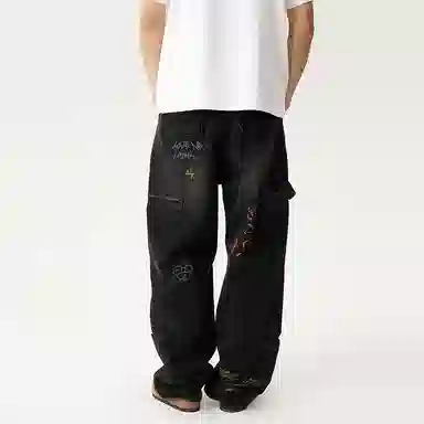 LOVE ME LATER Graffiti Embroidered Jeans Black