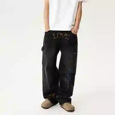 LOVE ME LATER Graffiti Embroidered Jeans Black