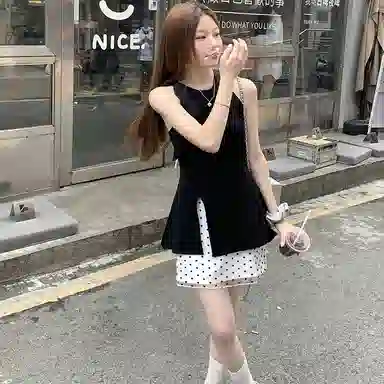 桴生 韩系纯色无袖波点小个子绝美短裙裙装套装 女款