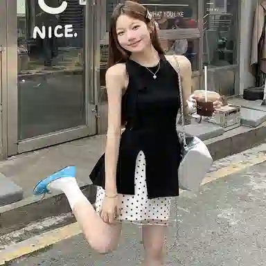 桴生 韩系纯色无袖波点小个子绝美短裙裙装套装 女款