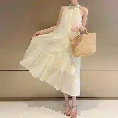 茵曼 纯色简约舒适无袖连衣裙 女款 梨花杏