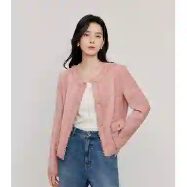 茵曼 优雅小香风短款外套毛边圆领长袖截短外套 女款