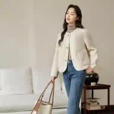 茵曼 皮毛一体仿羊羔绒外套颗粒绒织带保暖上衣绒感外套 女款