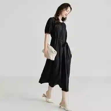 茵曼 圆领中长款纯色短袖连衣裙 女款