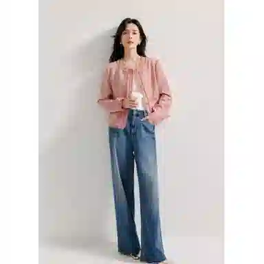 茵曼 优雅小香风短款外套毛边圆领长袖截短外套 女款