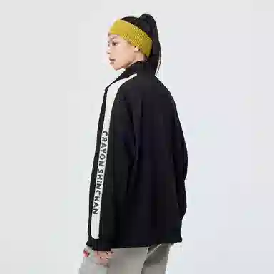 蜡笔小新 拼接条纹字母卡通小新徽标休闲宽松立领夹克外套 男女同款