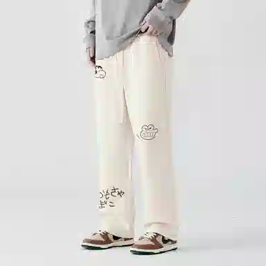蜡笔小新 趣味卡通人物印花抽绳宽松直筒休闲裤 男女同款