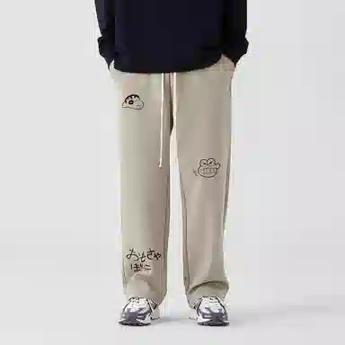 蜡笔小新 趣味卡通人物印花抽绳宽松直筒休闲裤 男女同款