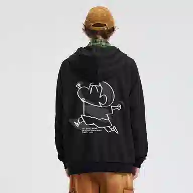 蜡笔小新 卡通小新线稿印花落肩宽松休闲套头连帽卫衣 男女同款