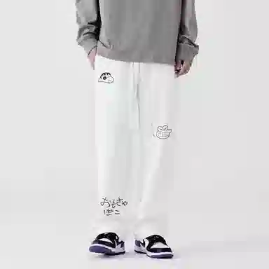 蜡笔小新 趣味卡通人物印花抽绳宽松直筒休闲裤 男女同款