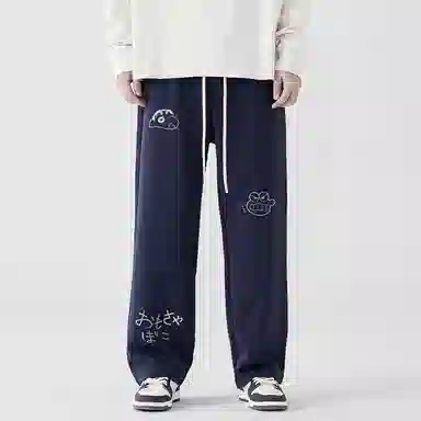 蜡笔小新 趣味卡通人物印花抽绳宽松直筒休闲裤 男女同款