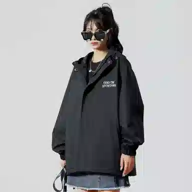 蜡笔小新 户外休闲奔跑线稿卡通人物字母印花保暖加厚休闲宽松可调节连帽羽绒服外套 男女同款