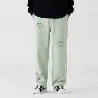 蜡笔小新 趣味卡通人物印花抽绳宽松直筒休闲裤 男女同款