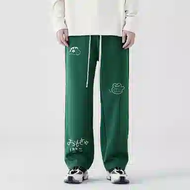 蜡笔小新 趣味卡通人物印花抽绳宽松直筒休闲裤 男女同款