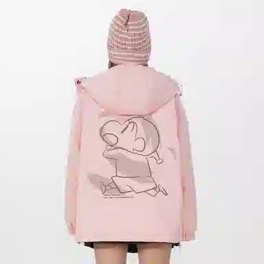 蜡笔小新 户外休闲奔跑线稿卡通人物字母印花保暖加厚休闲宽松可调节连帽羽绒服外套 男女同款