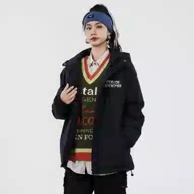 蜡笔小新 户外休闲奔跑线稿卡通人物字母印花保暖加厚休闲宽松可调节连帽羽绒服外套 男女同款