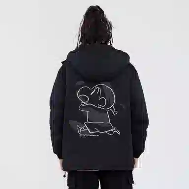 蜡笔小新 户外休闲奔跑线稿卡通人物字母印花保暖加厚休闲宽松可调节连帽羽绒服外套 男女同款
