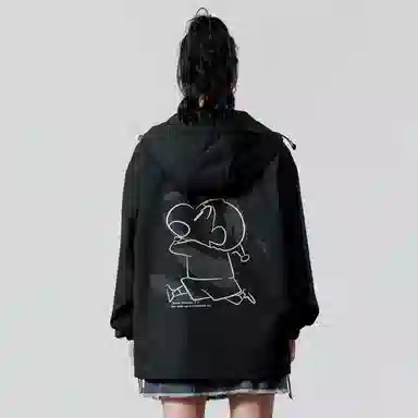 蜡笔小新 户外休闲奔跑线稿卡通人物字母印花保暖加厚休闲宽松可调节连帽羽绒服外套 男女同款