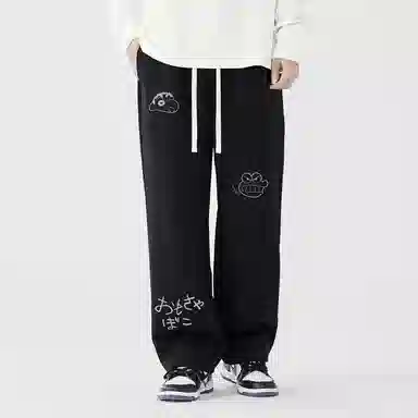 蜡笔小新 趣味卡通人物印花抽绳宽松直筒休闲裤 男女同款
