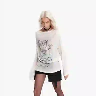 IMXS Vintage Print Sheer Oversized Long Sleeve Tee