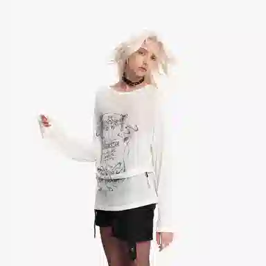 IMXS Vintage Print Sheer Oversized Long Sleeve Tee