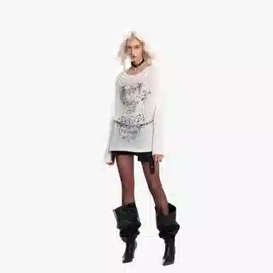 IMXS Vintage Print Sheer Oversized Long Sleeve Tee