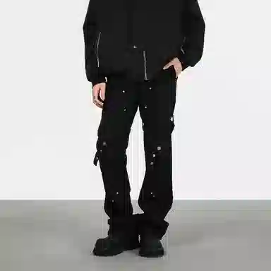 寻星记 复古高街风绑带拼接设计宽松微喇显高遮肉舒适潮流工装裤牛仔裤 男女同款