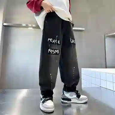 木木屋牛仔裤 洋气百搭字母舒适 黑色 儿童款