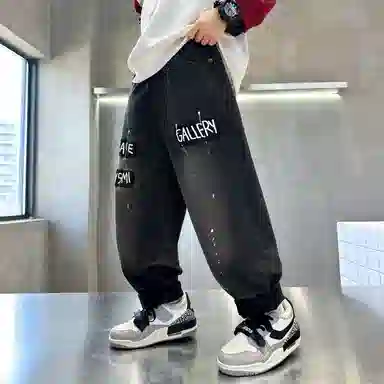 木木屋牛仔裤 洋气百搭字母舒适 黑色 儿童款