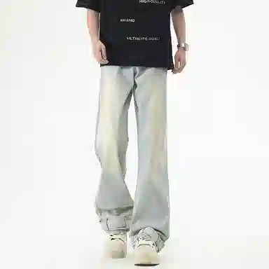 隐狼世家 美式复古水洗微喇休闲宽松直筒阔腿长裤牛仔裤 男款