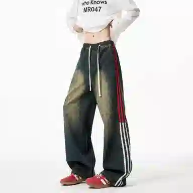 隐狼世家 美式复古三条杠条纹拼接水洗宽松直筒阔腿休闲长裤牛仔裤 男款